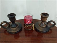 Wooden Candlesticks and Holder