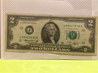 US Currency Bill Federal Res Jefferson  $2 1976