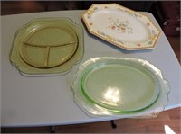 2 Depression Glass Platters, 1 Antique Platter