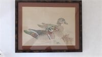 Framed and Matted Colored Drawing of Ducks