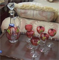Vtg Hand Painted Decanter w/ Six Matching Glasses