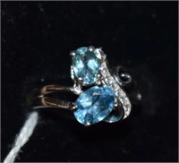 Sterling Silver Ring w/ Blue Topaz & White Stones