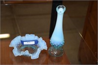 Vtg Fenton Hobnail Ruffled Vase & Small Dish