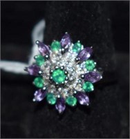 Sterling Silver Ring w/ Emeralds, Amethyst & White