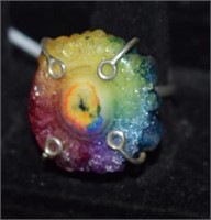 Sterling Silver Ring w/ Rainbow Dyed Crystal Druzy