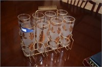 Mid Century Barware Glass Caddy w/ Eight Frosted &