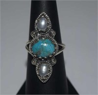 Sterling Silver Ring w/ Turquoise & Freshwater