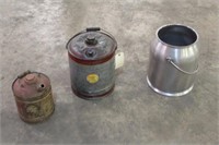 (2) Vintage Gas Cans & Stainless Steel Milk Bucket