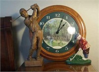 Lot of 3- Golf Statue, Door Stopper, Wall Clock