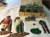 Lot of Golf Decor, cups, stained glass