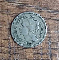 1874  Three-Cent Nickel VF  reverse scratched