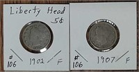 1902 & 1907  Liberty Nickels  F