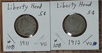 1911 & 1912  Liberty Nickels  VG