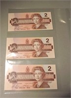 3 Uncirculated $2 Bills, Numerical Sequence,1982