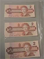 3 -1986 Uncirculated, $2 Bills, Numerical Sequence
