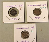 3  - 5 Cent Coins, 1881,1886, 1903