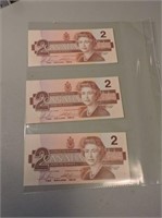3 - $2 Bills, Uncircuated, Numerical Sequence,1986