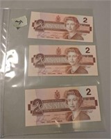 3 - $2 Dollar Bills, Uncirculated, Numerical, 1986