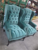 Two Green Velvet Hammernail Highback Chairs