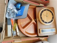 misc, teak divided tray, award clock, etc
