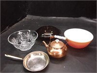 Mixing bowls, tea kettle, serving bowls, etc