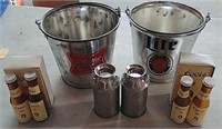 Miller buckets & Coors salt & pepper shakers