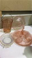 7 pieces of pink depression glass, ice bucket,