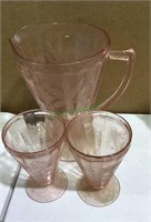 3 pieces of matching  pink elegant glass, pitcher