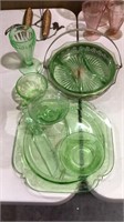 Group of 7 pieces of green depression glass,