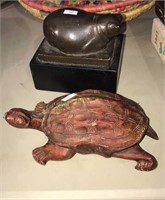 Alva studios bronze cat, wood carved turtle, the