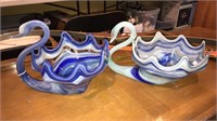 2- art glass swan’s in blue and white about 12