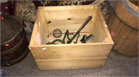 Nice wood crate with antique tools, strainer and