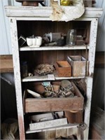 White shelf and contents to include: primitives,