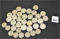 Group Lot of Coins- 27 Silver Quarters & 9 Silver