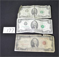 Group Lot of 3 Two Dollar Bills One 1963 Red