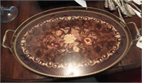Italian inlaid floral serving tray with brass