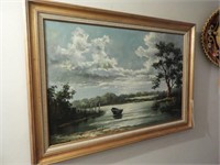 Original framed Oil on canvas of boat on pond