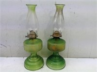 Pair of Green Glass Kerosene Lamps