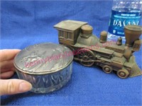vintage glass powder dish & metal train bank