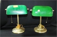 2 BRASS AND GREEN GLASS SHADE BANKER LAMPS