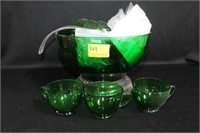 FOREST GREEN PUNCH BOWL, CUPS, CLEAR BASE,