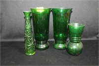 4 GREEN GLASS VASES