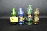 4 MINIATURE COLORED GLASS OIL LAMPS