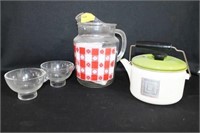GLASS PITCHER, GLASS FUNNELS AND TEA KETTLE