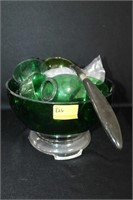 FOREST GREEN PUNCH BOWL, CUPS, CLEAR BASE, GREEN