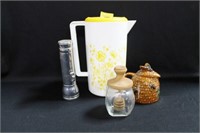 KITCHENWARE: PITCHER, HONEY POTS, FLASHLIGHT