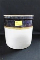 2 GALLON BROWN AND WHITE STORAGE CROCK CHIP ON