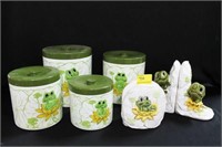 VINTAGE FROG CANISTER SET, BOOKENDS AND NAPKIN