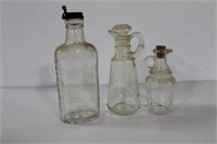 GORTON'S GLASS BOTTLE AND 2 VINEGAR CRUETS