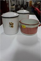 3 ENAMELWARE POTS: 2 BLACK/WHITE WITH LID &